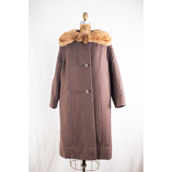 Vintage 60s Brown Wool Overcoat, Textured Coat Mink Fur Collar Glam Old Money, M - Picture 11 of 11